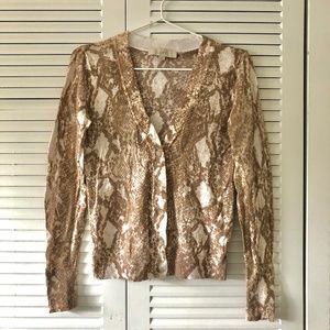 Ann Taylor LOFT Cardigan - Snake Print Brown Tan Beige - V Neck Long Sleeve - XS